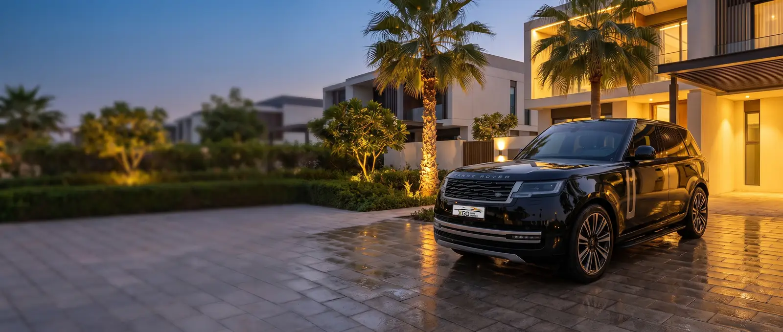 Range Rover Vogue from XGO Car Rental at a Dubai villa at dusk