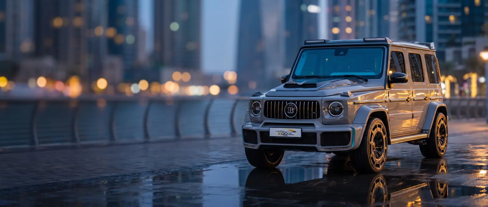 Mercedes-AMG G63 Brabus from XGO Car Rental at Dubai Marina at blue hour